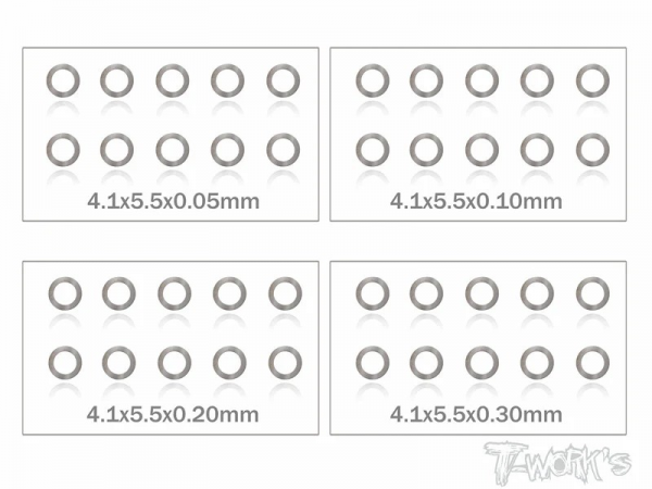 T-Works Zehntelscheiben - 4x5.5mm - 0.05 / 0.1 / 0.2 / 0.3mm (je 10 Stück) inkl. Dose