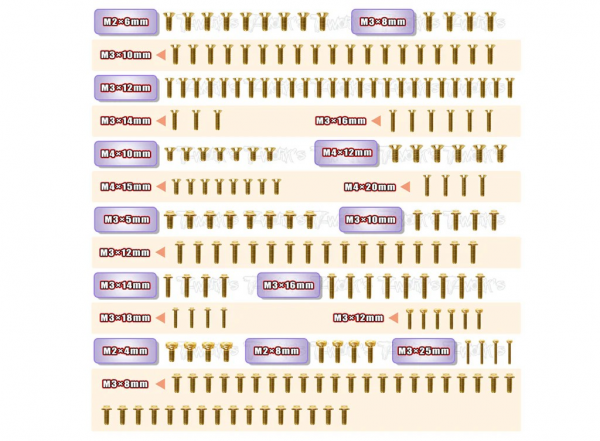 T-Works Stahl Schraubenset Gold (UFO Kopf) - für Mugen MBX8R (195 Stück)