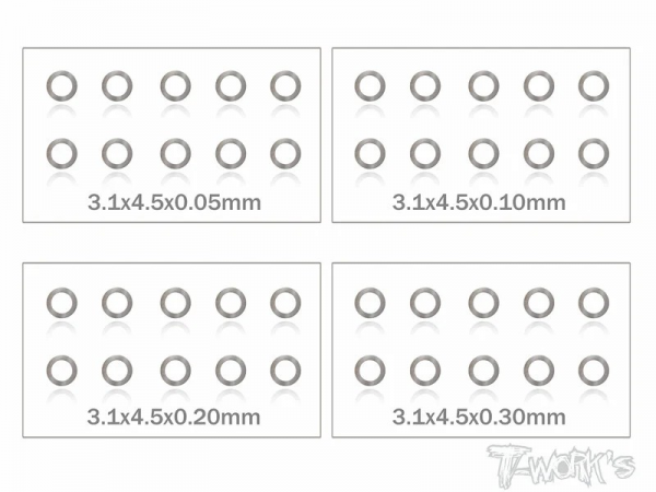 T-Works Zehntelscheiben - 3x4.9mm - 0.05 / 0.1 / 0.2 / 0.3mm (je 10 Stück) inkl. Dose