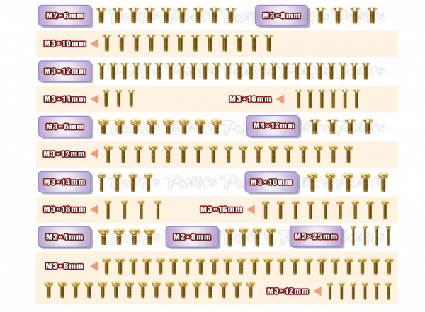 T-Works Stahl Oberteil & Getriebe Schraubenset Gold (UFO Kopf) - für Mugen MBX8R (165 Stück)