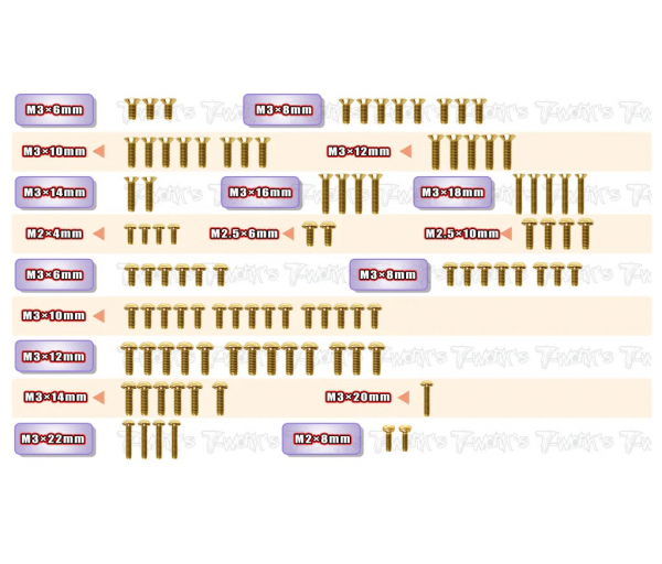 T-Works Stahl Schrauben Set Gold Beschichtet für Mugen Seiki MSB1 (100 Schrauben)