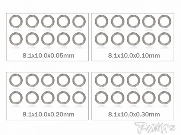 T-Works Zehntelscheiben - 8x10.0mm - 0.05 / 0.1 / 0.2 / 0.3mm (je 10 Stück) inkl. Dose