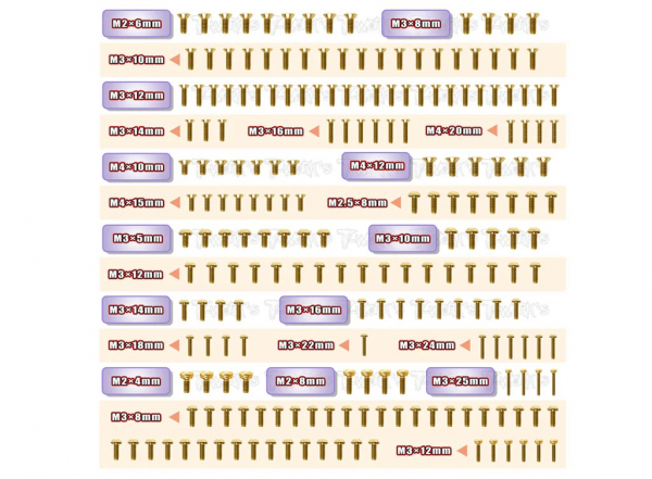 T-Works Stahl Schraubenset Gold - für Mugen MBX8R (210 Stück)