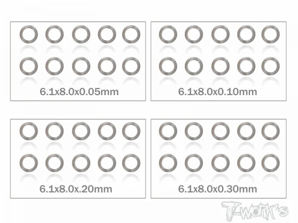 T-Works Zehntelscheiben - 6x8.0mm - 0.05 / 0.1 / 0.2 / 0.3mm (je 10 Stück) inkl. Dose