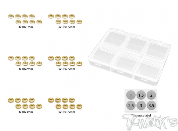 T-Works Messing Shims - 3x10mm - 1.0-3.5mm (6x 8 Stück)