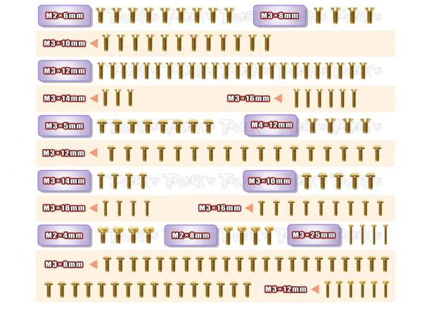 T-Works Stahl Oberteil & Getriebe Schraubenset Gold - für Mugen MBX8R (165 Stück)