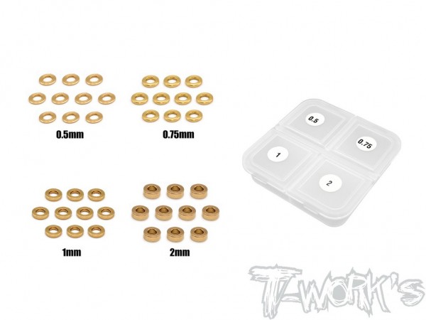 T-Works Messing Shims - 3x6mm - 0.5 / 0.75 / 1.0 / 2.0mm (je 10 Stück) + Dose