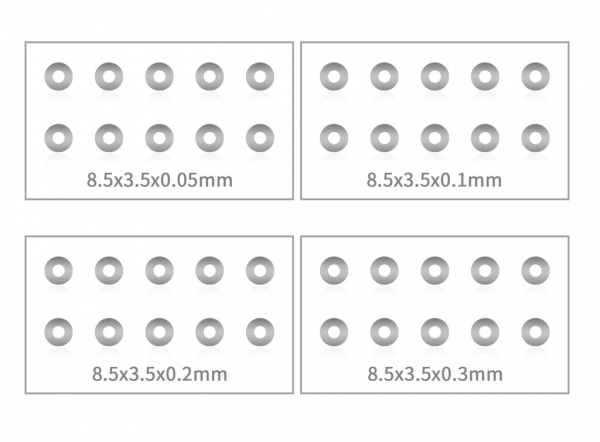 T-Works Zehntelscheiben - 8.5x3.5mm - 0.05 / 0.1 / 0.2 / 0.3mm (je 10 Stück) inkl. Dose